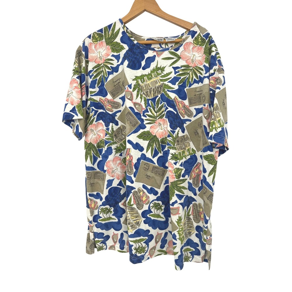 Vintage Womens 2X Nightgown Sleep Shirt Tropical Vacation Postcard Floral